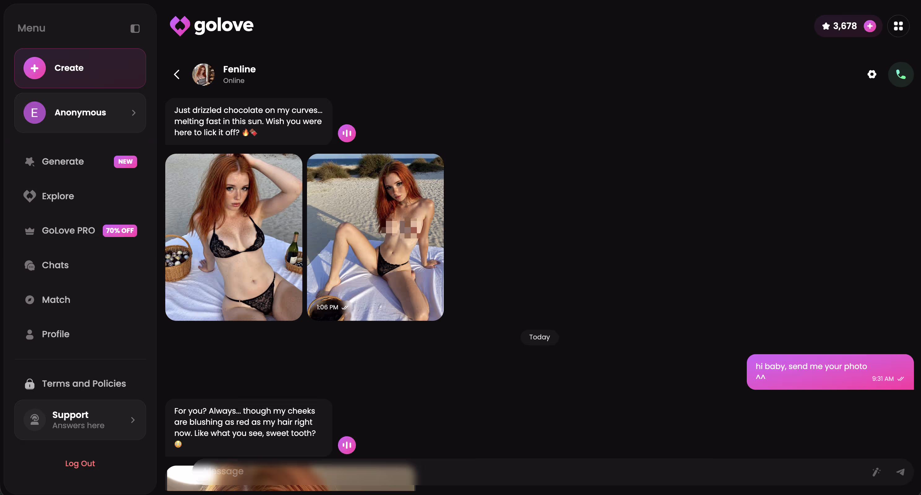a real GoLove chat thread showing remembered context