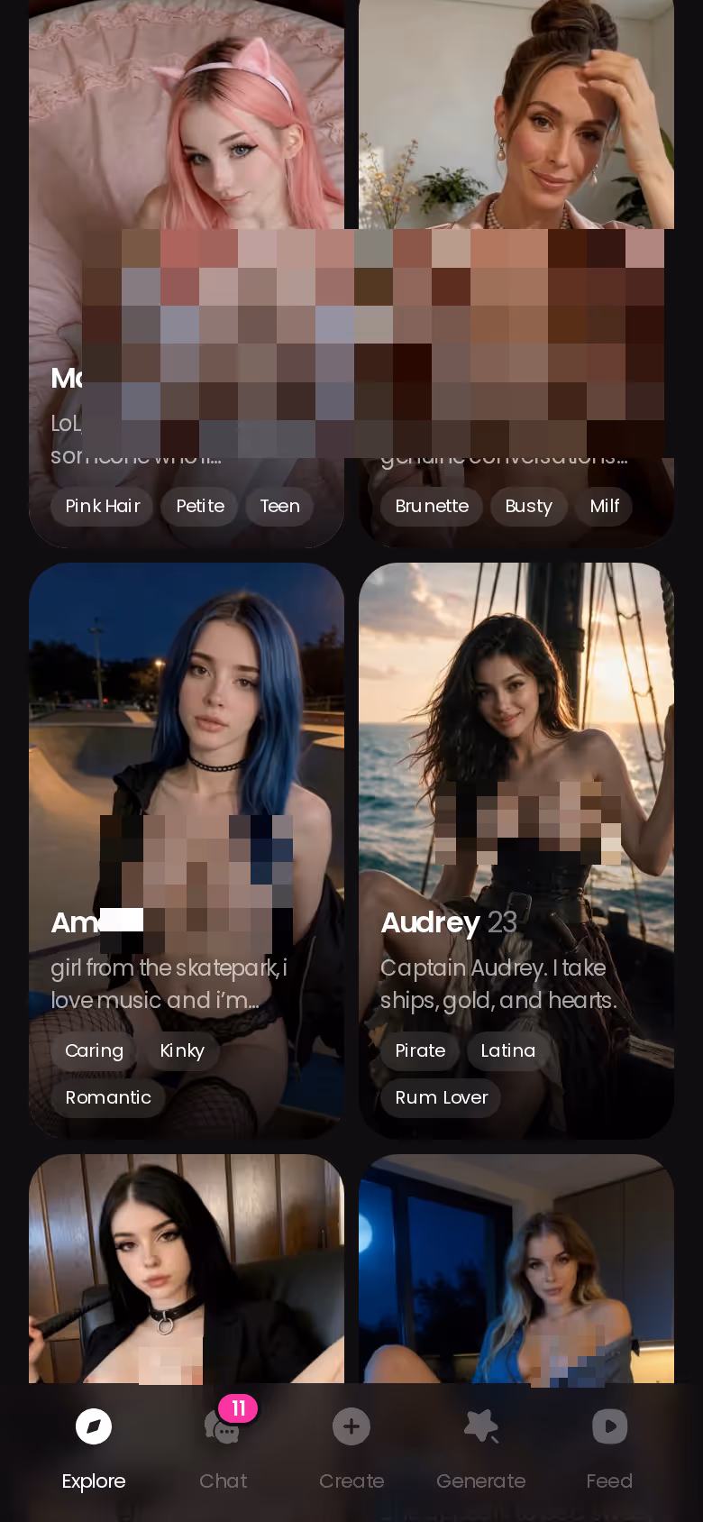 More of the mobile GoLove.ai Explore character grid — honeygf