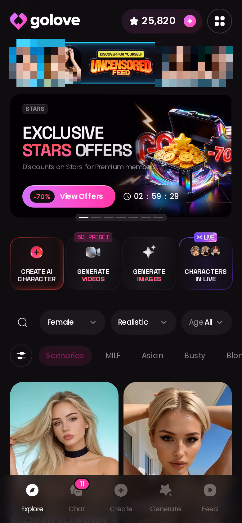 Der Entdecken-Tab von GoLove.ai auf dem Handy – ein Tipp auf einen Charakter öffnet direkt den Chat