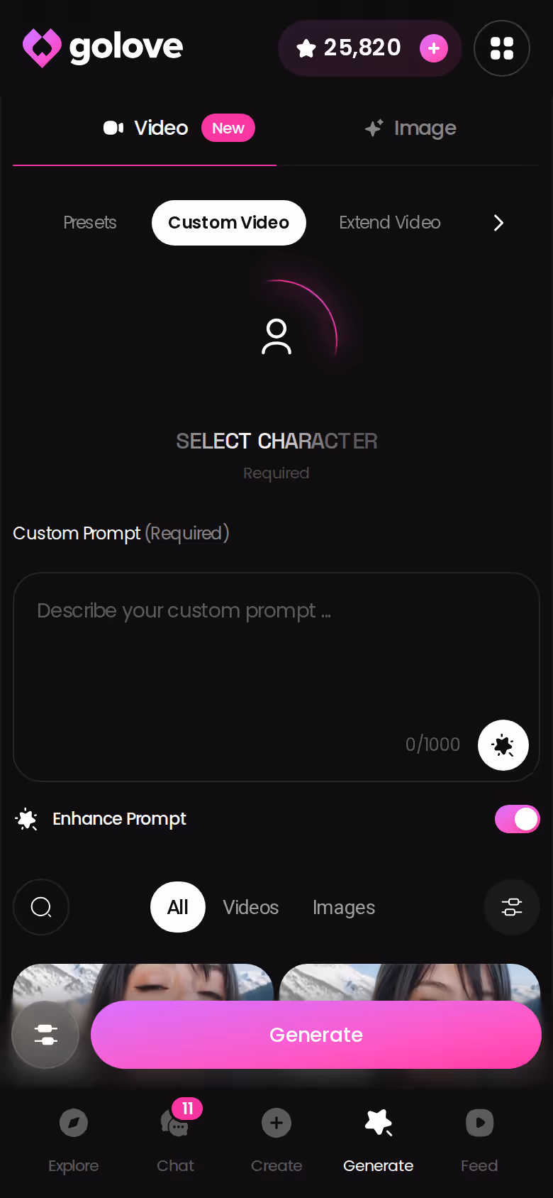 Mobile Custom Video mode in the GoLove.ai generator — furry sex chat