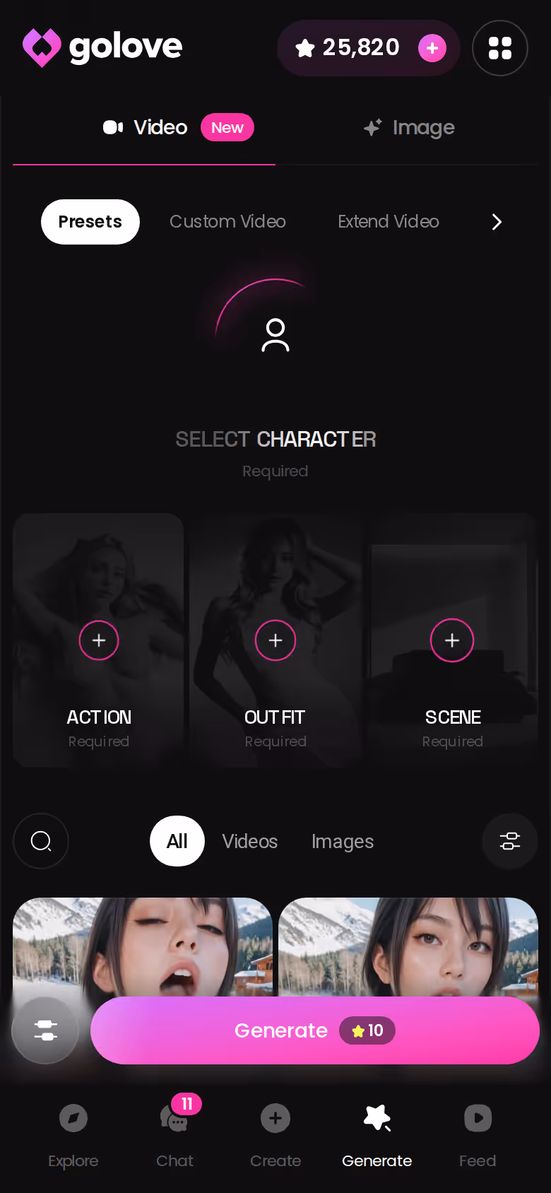 GoLove.ai Generate-Hub auf dem Smartphone mit Presets für Fotos und Videos
