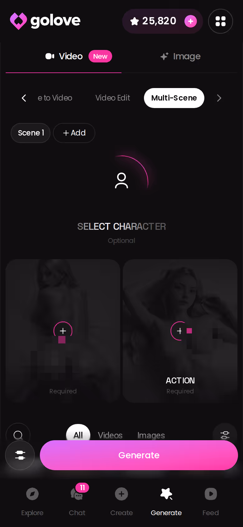 Video-Generator von GoLove.ai auf dem Handy mit Vorschaukarten für Aktion, Outfit und Hintergrund